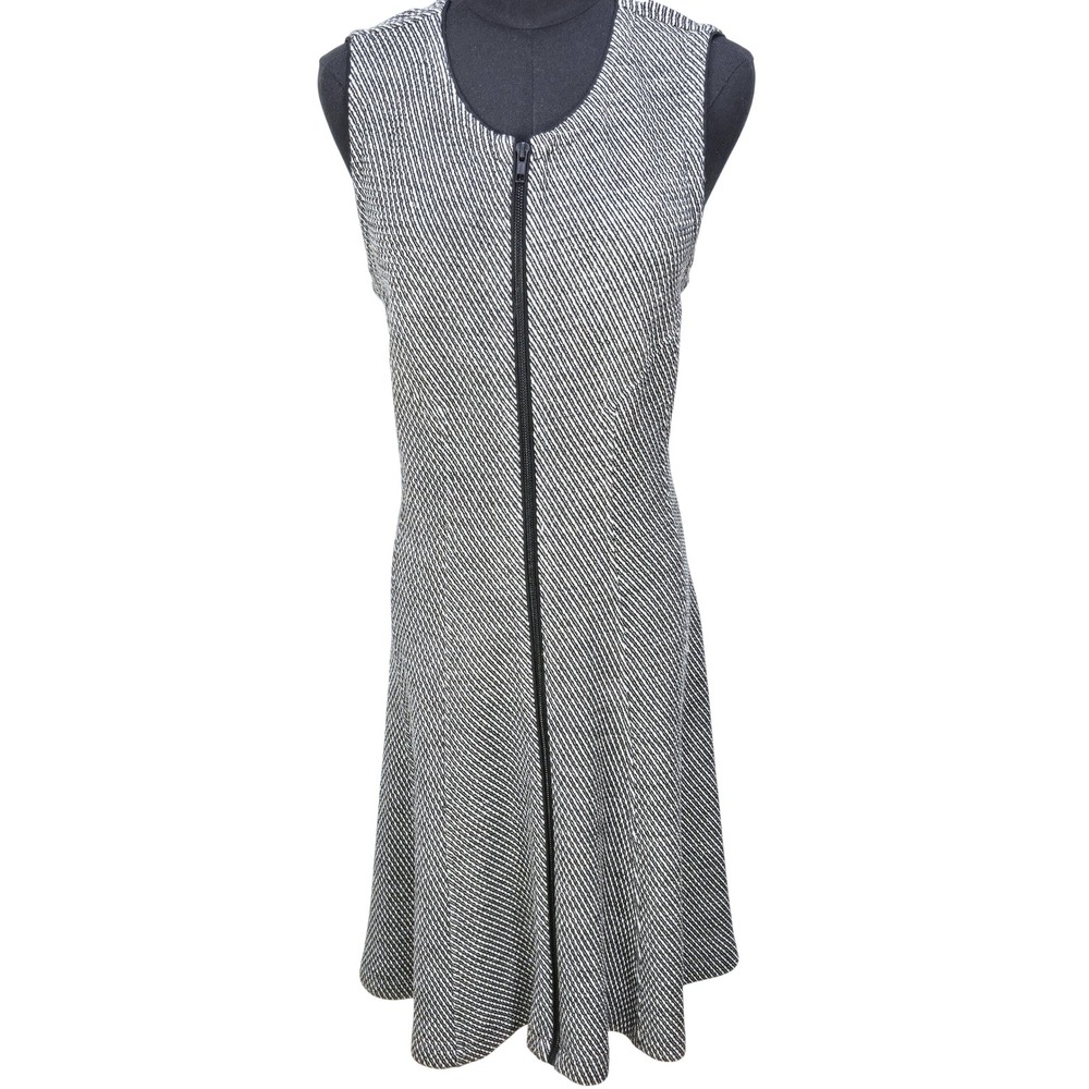 Women's Theory Size 12 Black White Zip Front Wool Blend Fit & Flare Dress